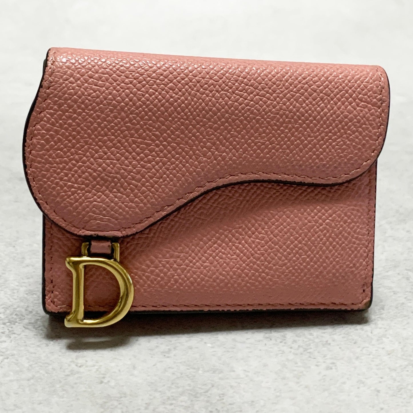 Christian Dior Wallet Saddle Charm Tri-fold Compact Purse Leather Pink Gold Auth