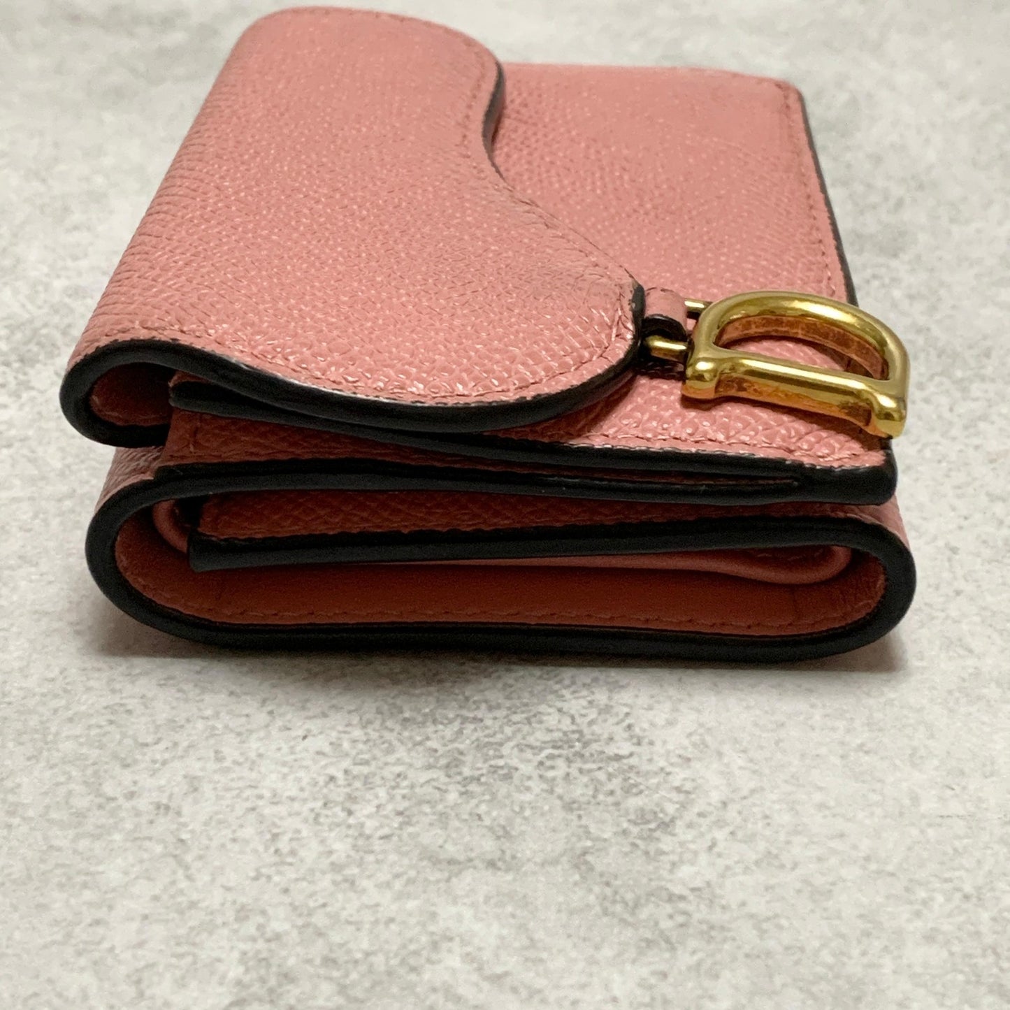 Christian Dior Wallet Saddle Charm Tri-fold Compact Purse Leather Pink Gold Auth