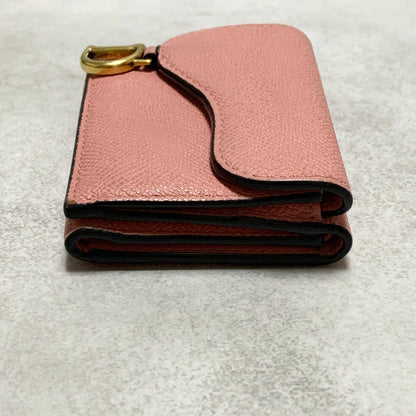 Christian Dior Wallet Saddle Charm Tri-fold Compact Purse Leather Pink Gold Auth