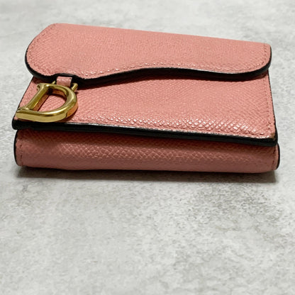 Christian Dior Wallet Saddle Charm Tri-fold Compact Purse Leather Pink Gold Auth