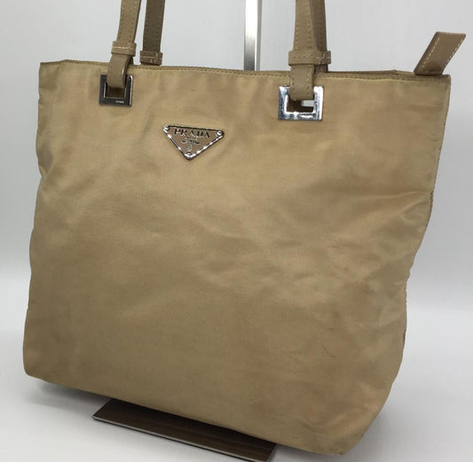 PRADA Hand Bag Tote Purse Logo Nylon Beige Khaki Authentic