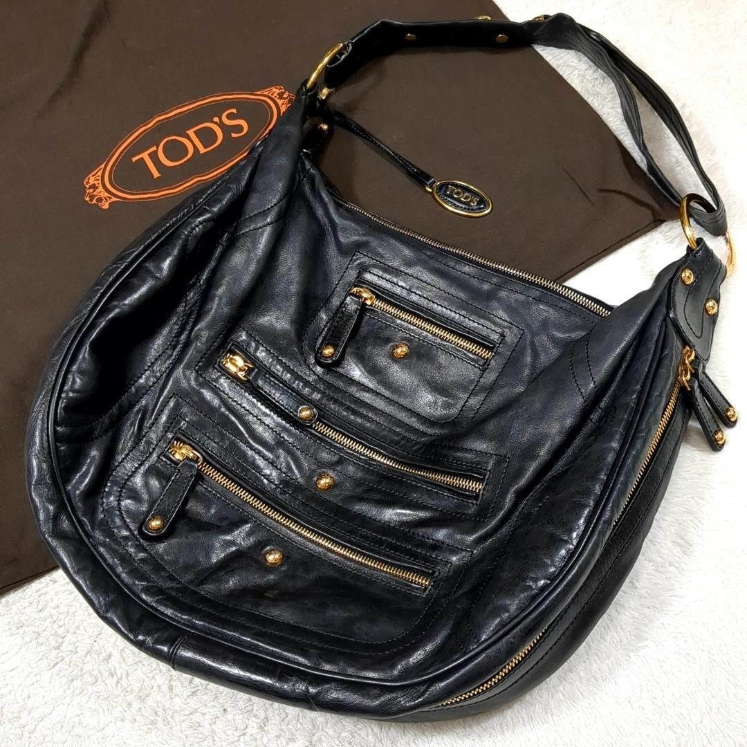 TOD'S Shoulder Bag Purse Leather Black Authentic