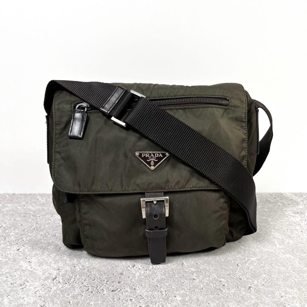 PRADA Shoulder Bag Purse Logo Nylon Khaki Authentic