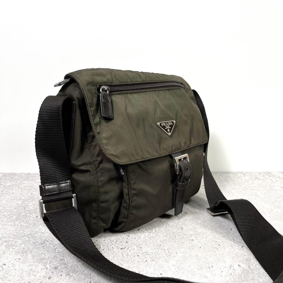 PRADA Shoulder Bag Purse Logo Nylon Khaki Authentic