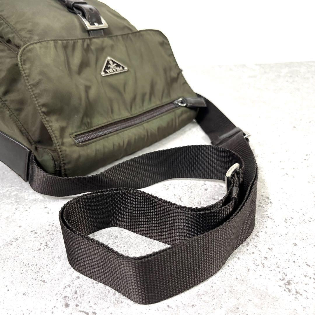 PRADA Shoulder Bag Purse Logo Nylon Khaki Authentic