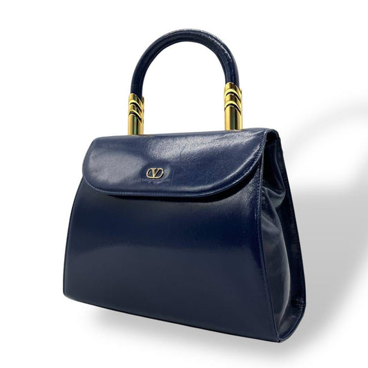 Valentino Garavani Hand Bag Tote Purse Logo Leather Blue Authentic