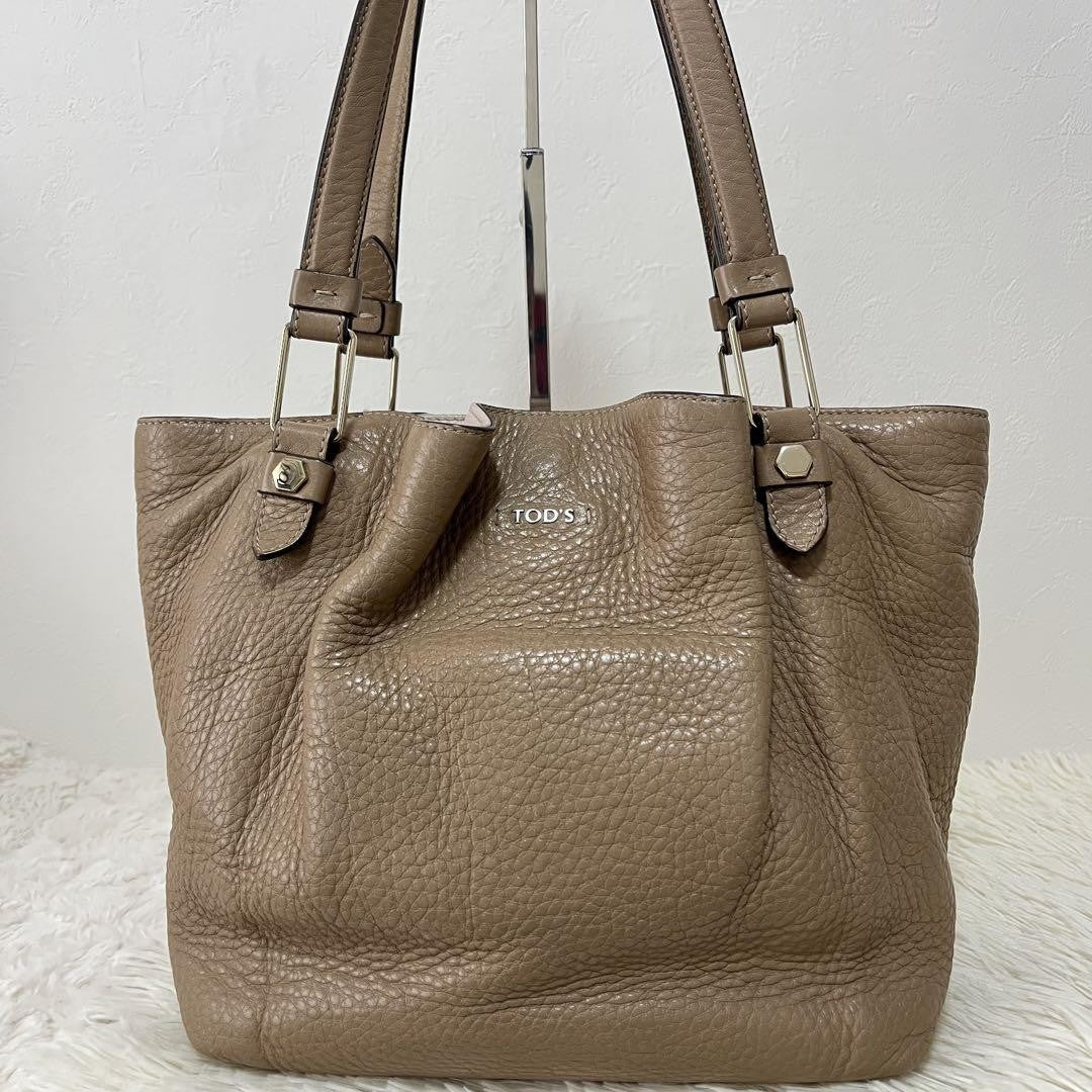 TOD'S Hand Bag Tote Purse Leather Beige Authentic