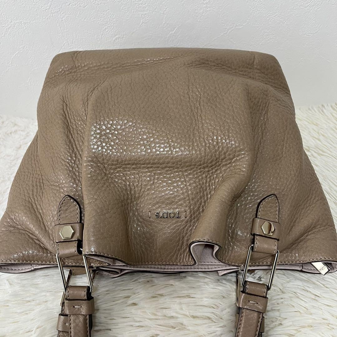 TOD'S Hand Bag Tote Purse Leather Beige Authentic