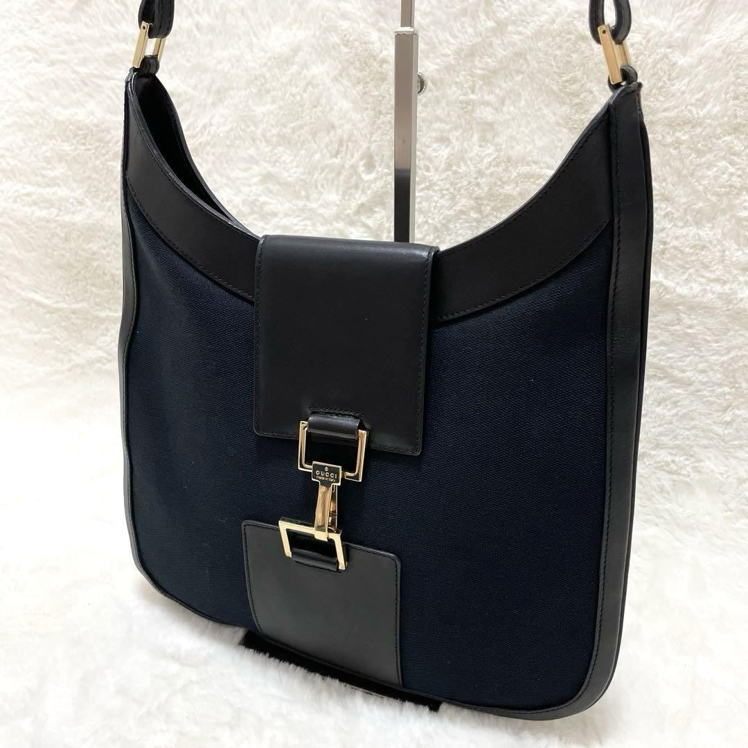 GUCCI Shoulder Bag Purse Canvas Leather Dark Navy Black Authentic