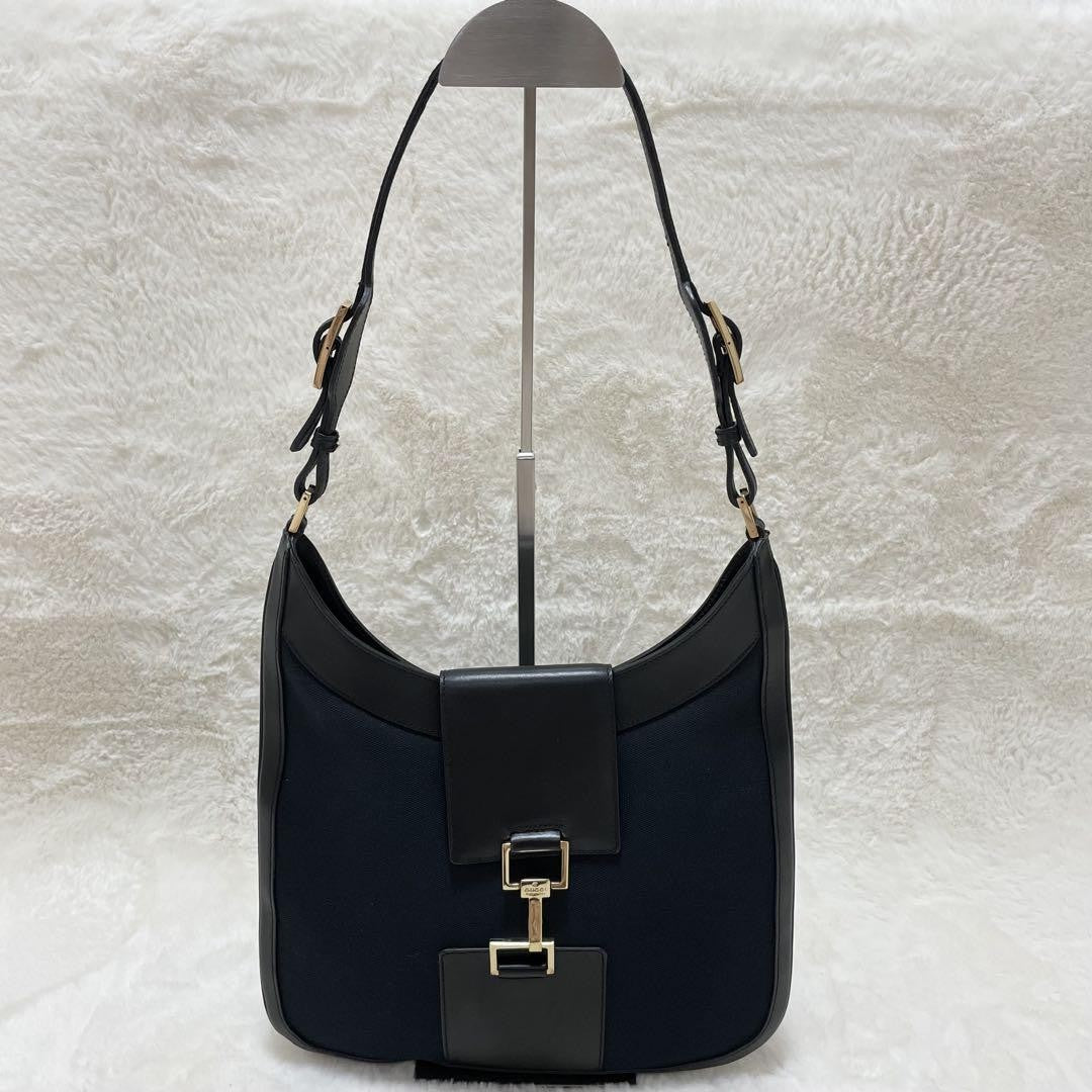 GUCCI Shoulder Bag Purse Canvas Leather Dark Navy Black Authentic