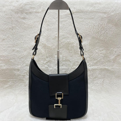 GUCCI Shoulder Bag Purse Canvas Leather Dark Navy Black Authentic