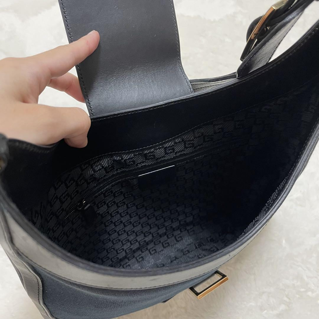 GUCCI Shoulder Bag Purse Canvas Leather Dark Navy Black Authentic