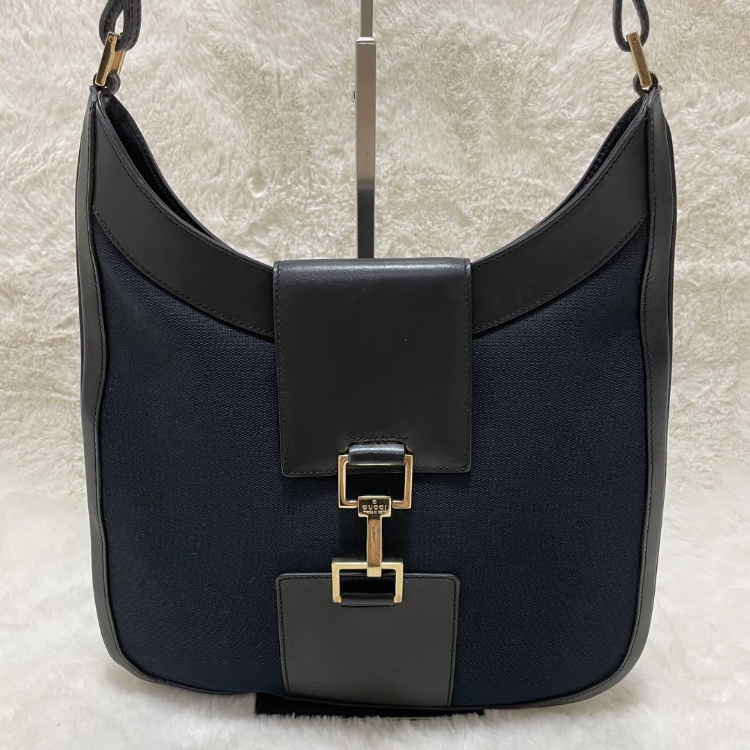 GUCCI Shoulder Bag Purse Canvas Leather Dark Navy Black Authentic