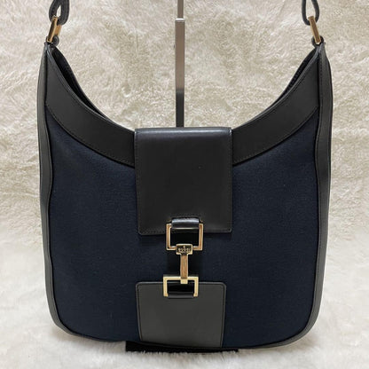 GUCCI Shoulder Bag Purse Canvas Leather Dark Navy Black Authentic