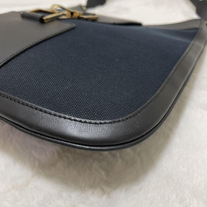 GUCCI Shoulder Bag Purse Canvas Leather Dark Navy Black Authentic