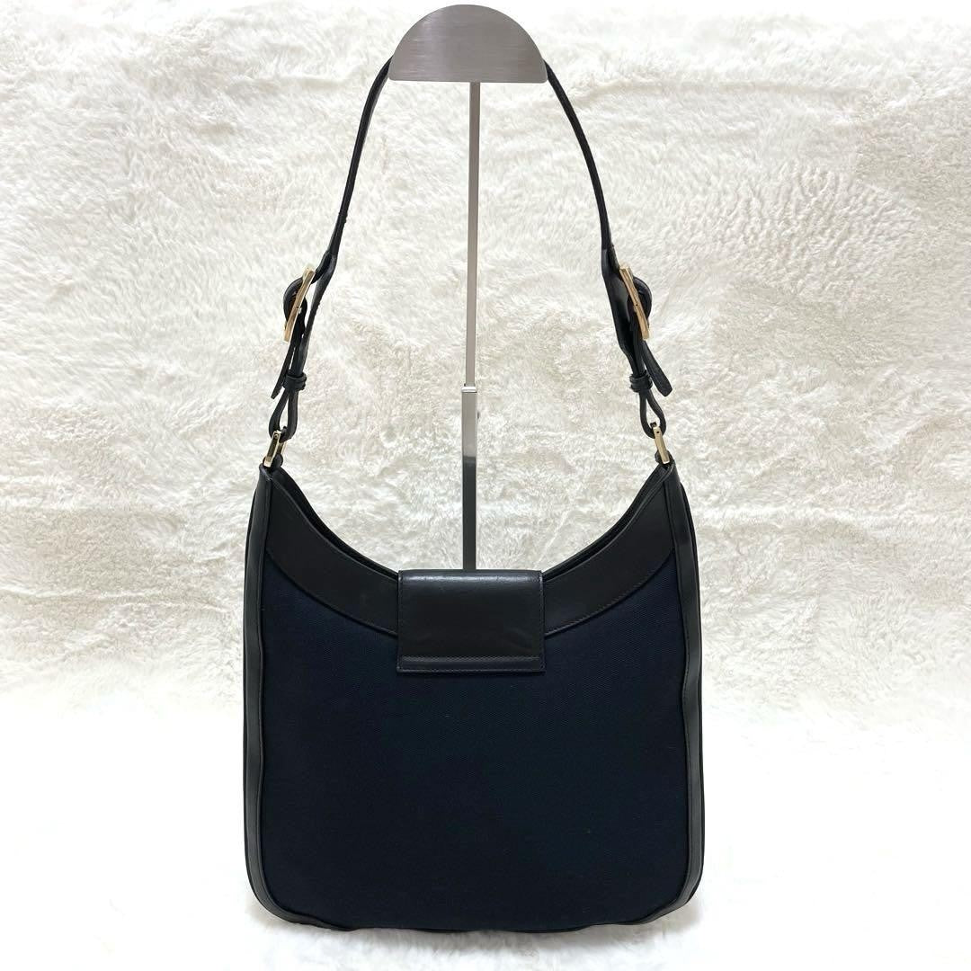 GUCCI Shoulder Bag Purse Canvas Leather Dark Navy Black Authentic