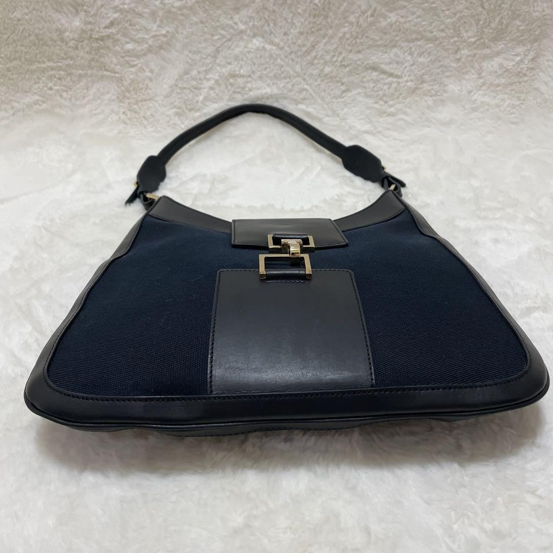 GUCCI Shoulder Bag Purse Canvas Leather Dark Navy Black Authentic