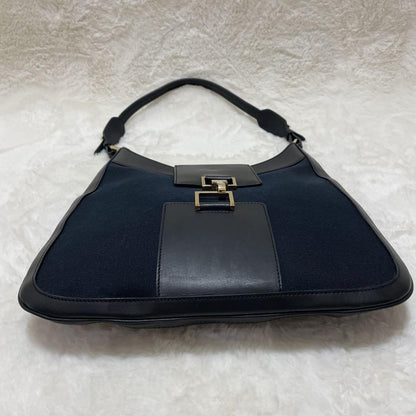 GUCCI Shoulder Bag Purse Canvas Leather Dark Navy Black Authentic