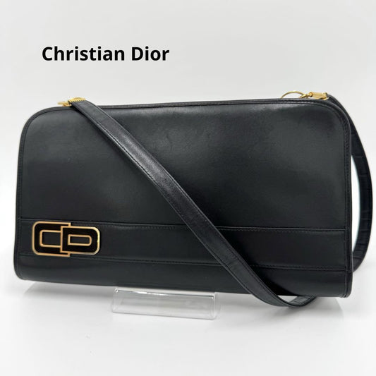 Christian Dior Shoulder Bag Purse CD Leather Black Authentic