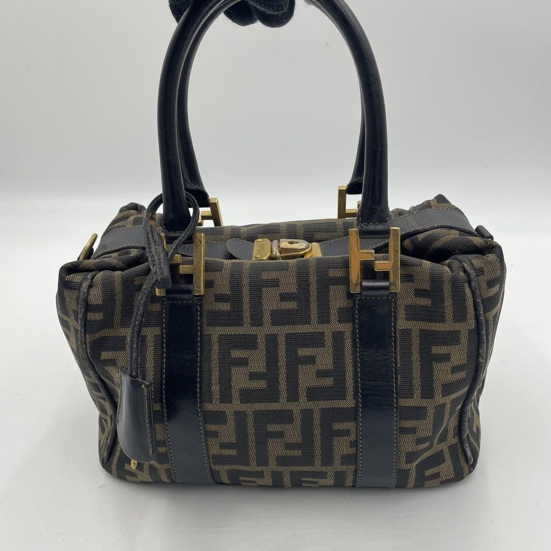FENDI Hand Bag Tote Purse FF Zucca Canvas Leather Brown Black Authentic