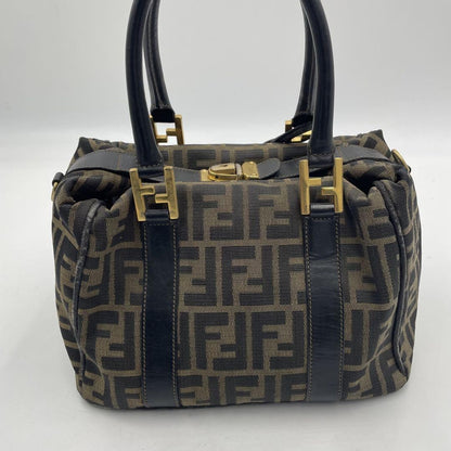 FENDI Hand Bag Tote Purse FF Zucca Canvas Leather Brown Black Authentic
