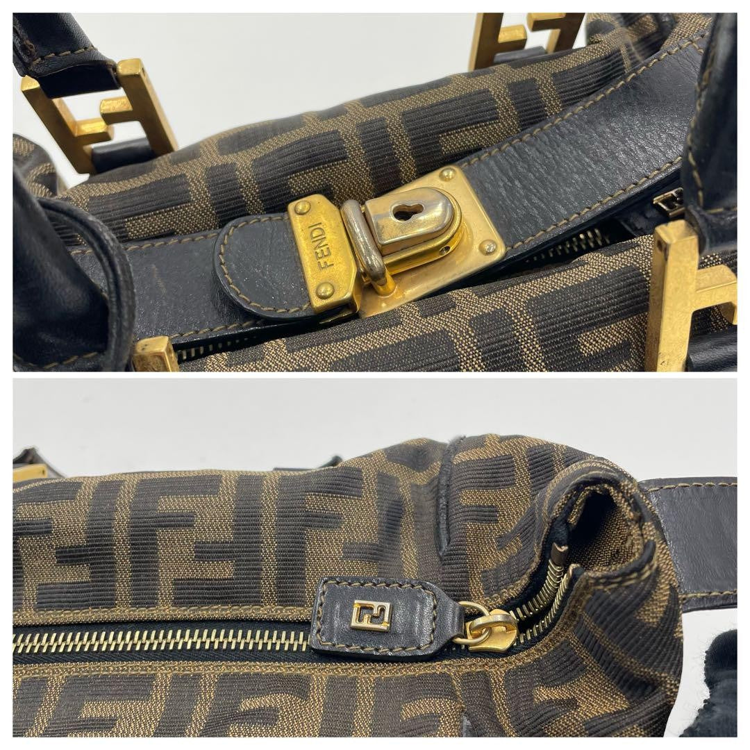 FENDI Hand Bag Tote Purse FF Zucca Canvas Leather Brown Black Authentic