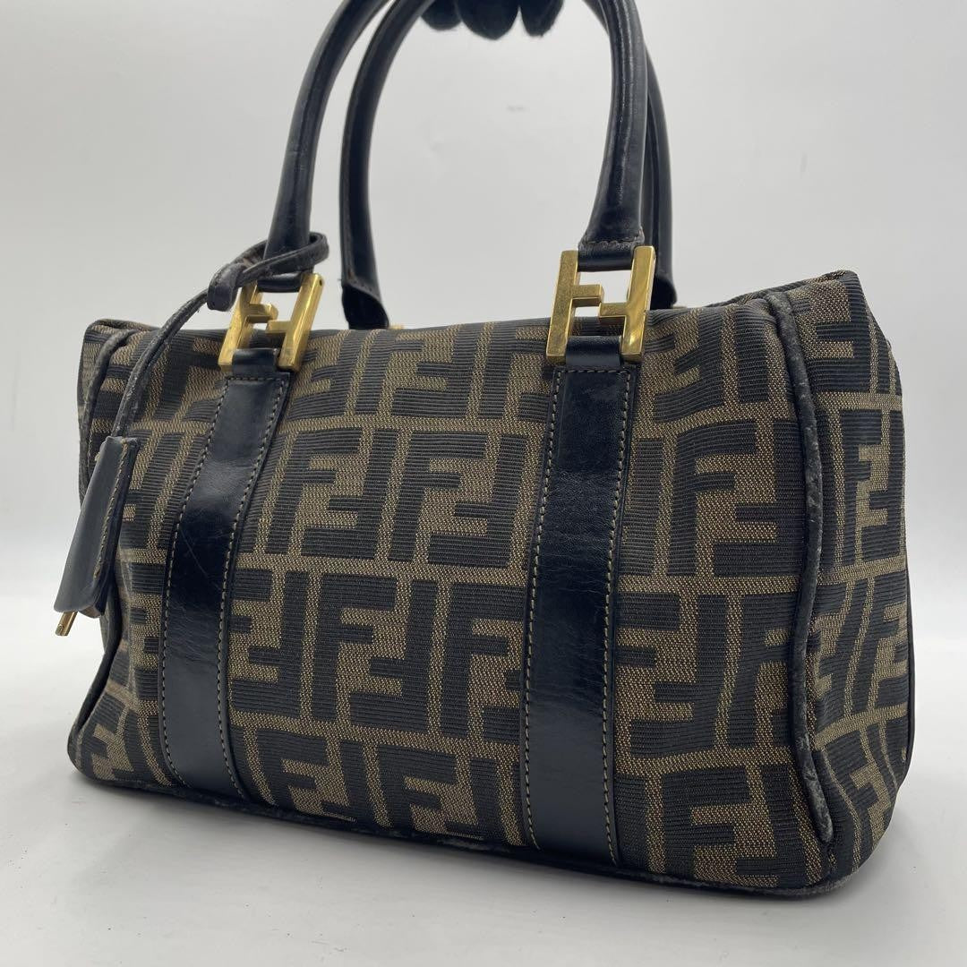 FENDI Hand Bag Tote Purse FF Zucca Canvas Leather Brown Black Authentic
