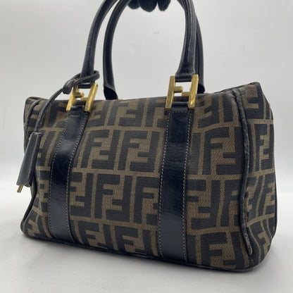 FENDI Hand Bag Tote Purse FF Zucca Canvas Leather Brown Black Authentic
