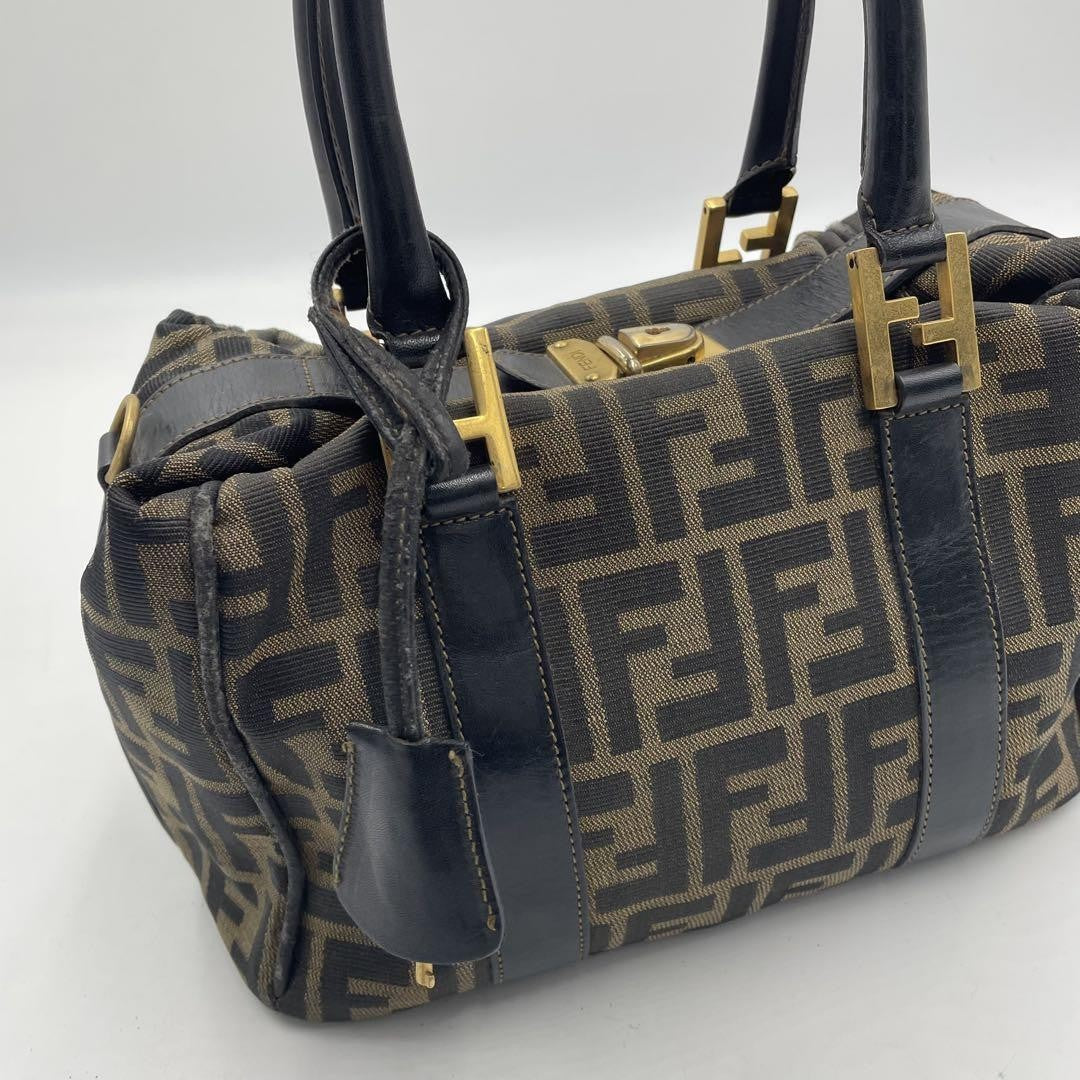 FENDI Hand Bag Tote Purse FF Zucca Canvas Leather Brown Black Authentic