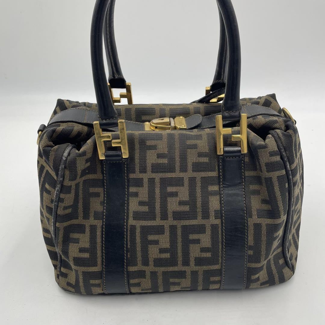 FENDI Hand Bag Tote Purse FF Zucca Canvas Leather Brown Black Authentic