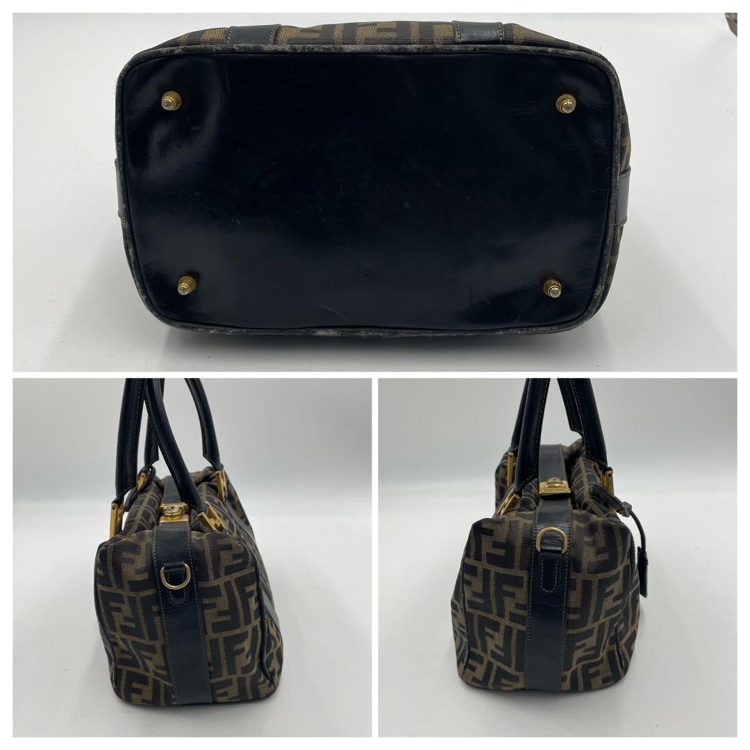 FENDI Hand Bag Tote Purse FF Zucca Canvas Leather Brown Black Authentic