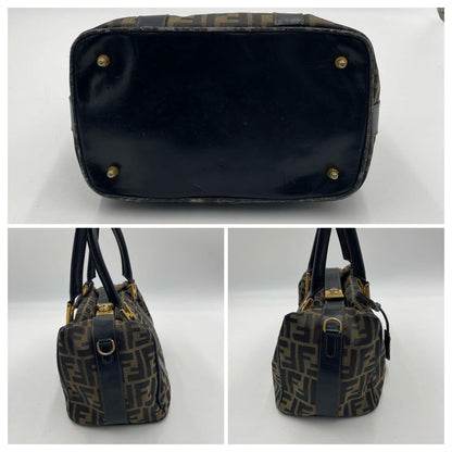 FENDI Hand Bag Tote Purse FF Zucca Canvas Leather Brown Black Authentic