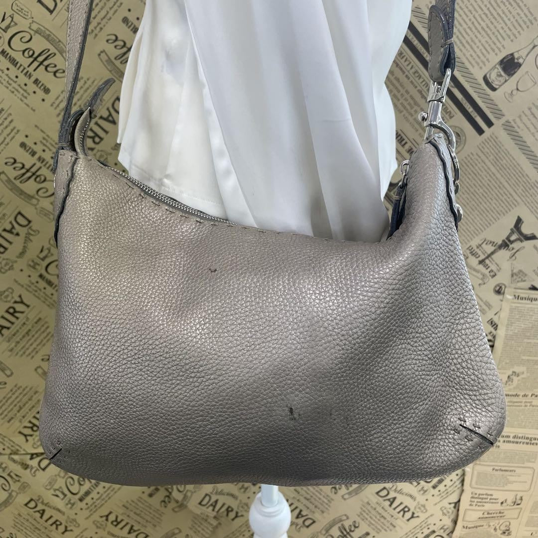 FENDI Shoulder Bag Purse Selleria Leather Greige Authentic