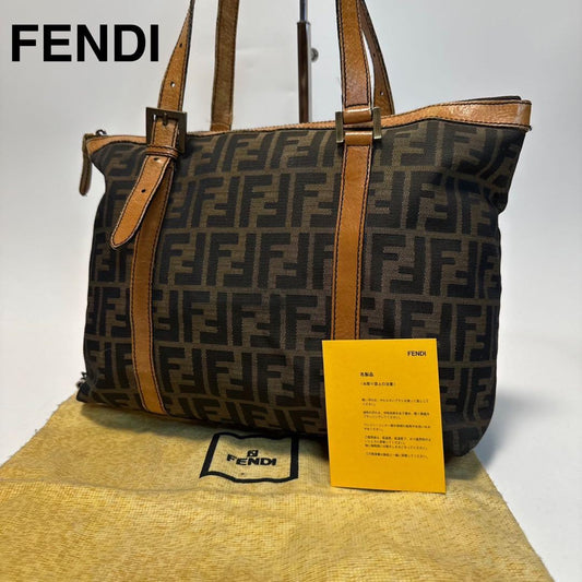 FENDI Hand Bag Tote Purse FF Zucca Canvas Leather Brown Authentic