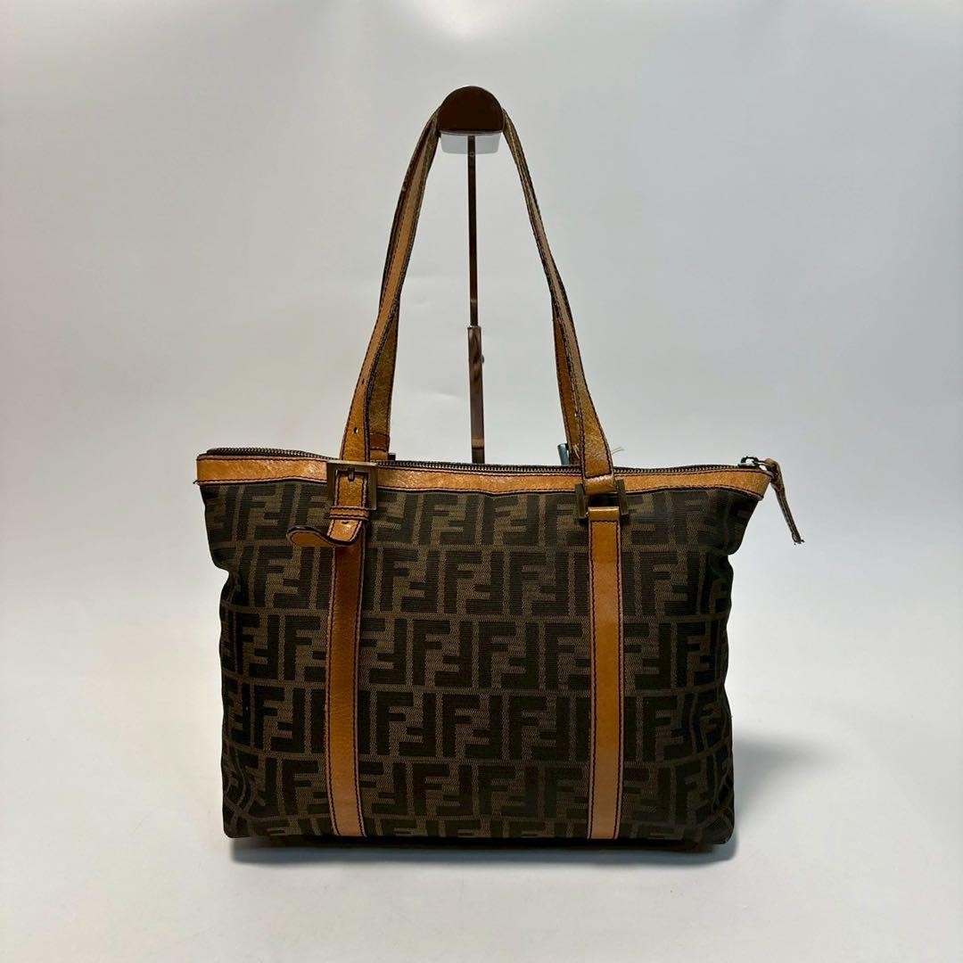FENDI Hand Bag Tote Purse FF Zucca Canvas Leather Brown Authentic