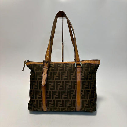 FENDI Hand Bag Tote Purse FF Zucca Canvas Leather Brown Authentic