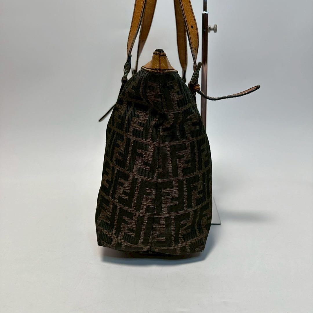 FENDI Hand Bag Tote Purse FF Zucca Canvas Leather Brown Authentic