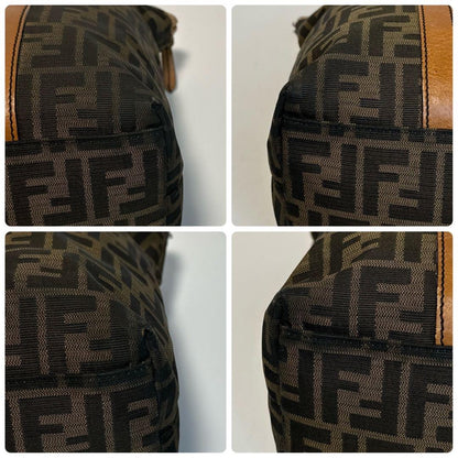 FENDI Hand Bag Tote Purse FF Zucca Canvas Leather Brown Authentic