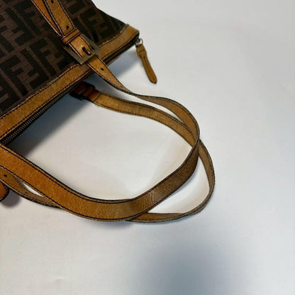 FENDI Hand Bag Tote Purse FF Zucca Canvas Leather Brown Authentic