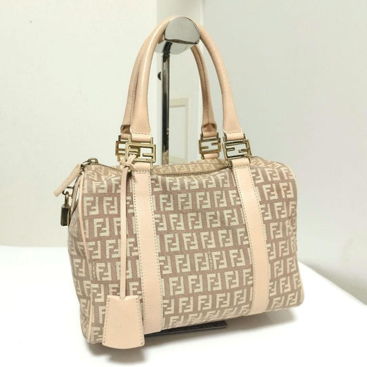 FENDI Hand Bag Tote Purse FF Zucchino Canvas Leather Pink Authentic