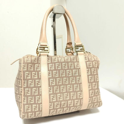 FENDI Hand Bag Tote Purse FF Zucchino Canvas Leather Pink Authentic