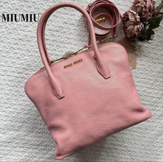 Miu Miu Hand Shoulder Bag Tote Purse 2way Logo Leather Pink Authentic