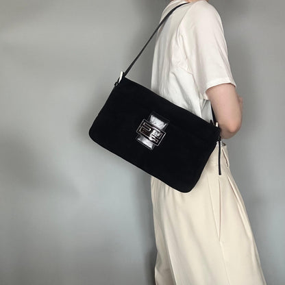 FENDI Bag FF Shoulder Purse Suede Leather Black Brown Silver Used Authentic