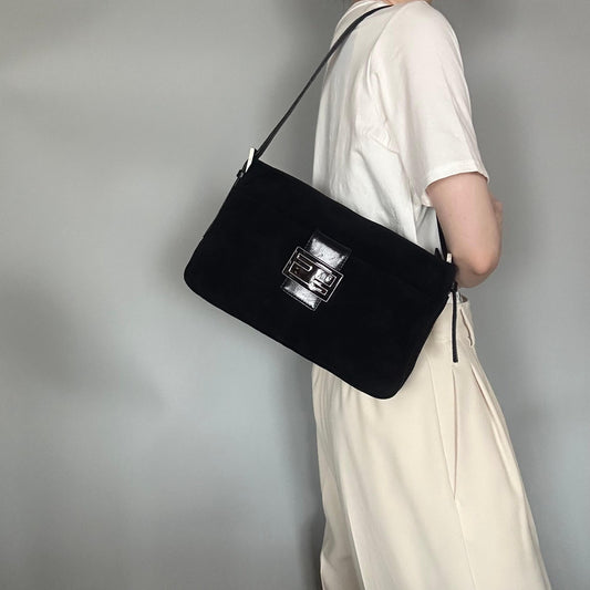 FENDI Bag FF Shoulder Purse Suede Leather Black Brown Silver Used Authentic