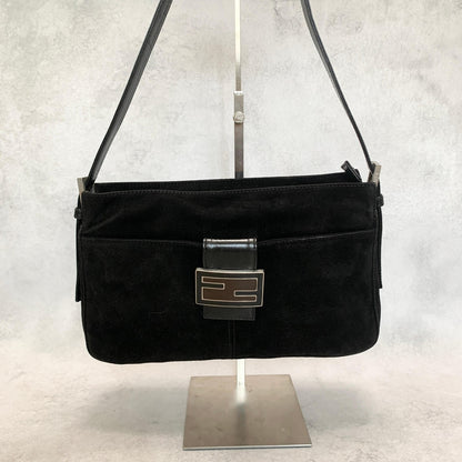 FENDI Bag FF Shoulder Purse Suede Leather Black Brown Silver Used Authentic