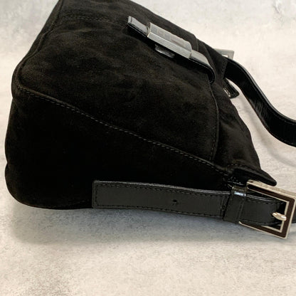 FENDI Bag FF Shoulder Purse Suede Leather Black Brown Silver Used Authentic