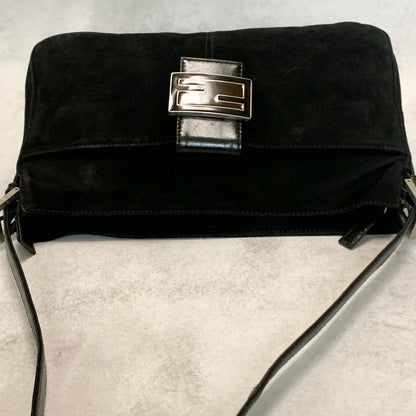 FENDI Bag FF Shoulder Purse Suede Leather Black Brown Silver Used Authentic