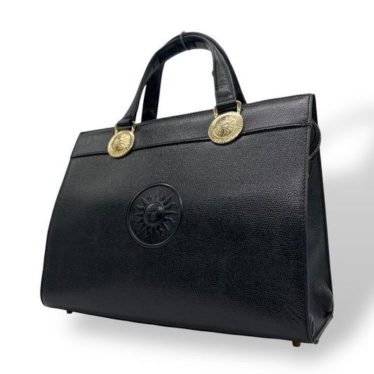 VERSACE Hand Bag Tote Purse Sunburst Leather Black Authentic