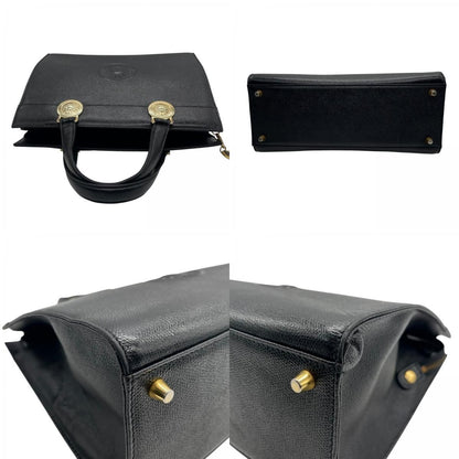 VERSACE Hand Bag Tote Purse Sunburst Leather Black Authentic