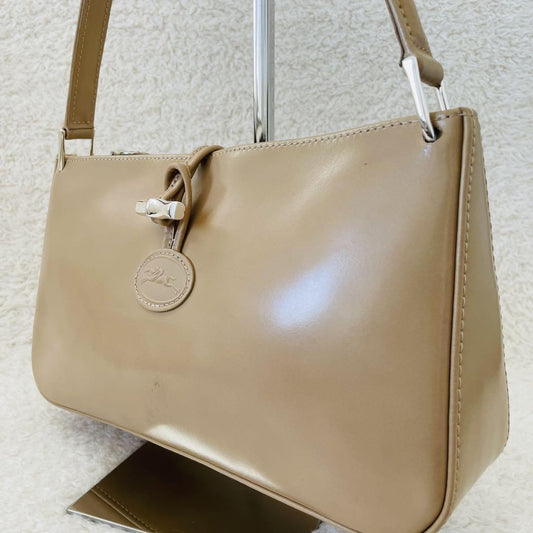 Longchamp Shoulder Bag Purse Leather Beige Authentic